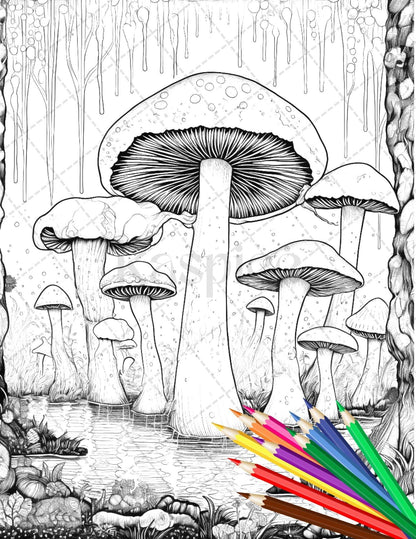 Psychedelic Mushroom Forest Coloring Book Printable for Adults, Trippy Grayscale Coloring Page, PDF File Instant Download