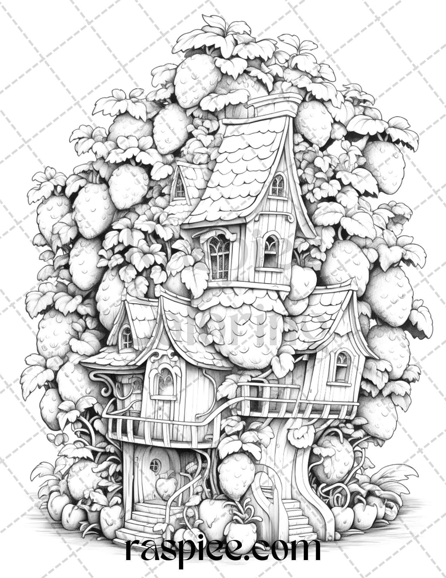 50 Strawberry Houses Grayscale Coloring Pages Printable for Adults Kids, PDF File Instant Download