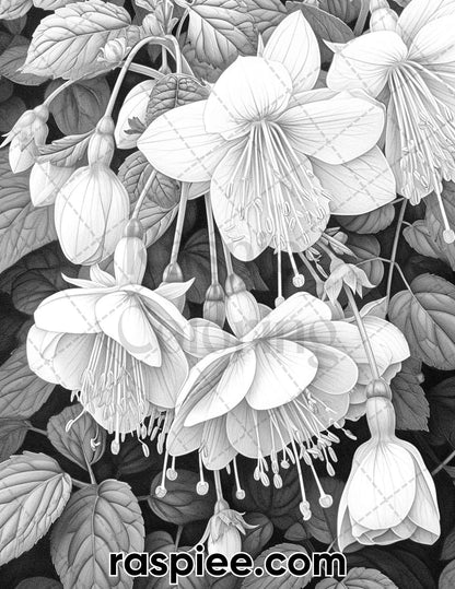60 Spring Blossoms Grayscale Adult Coloring Pages, Printable PDF Instant Download