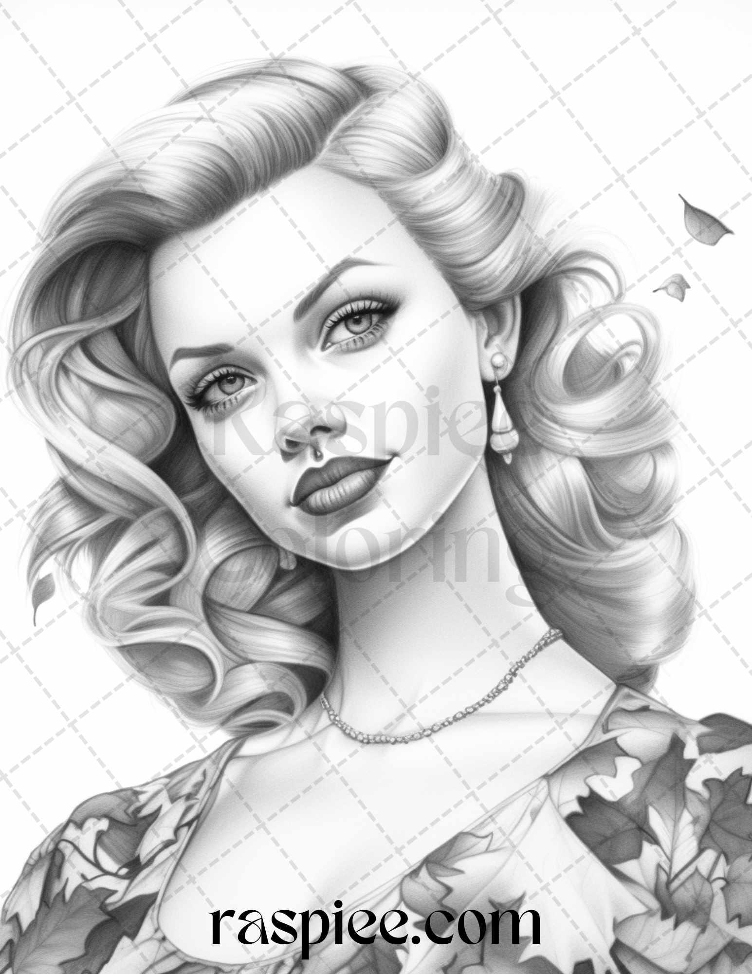 55 Autumn Pin Up Girls Grayscale Coloring Pages Printable for Adults, PDF File Instant Download