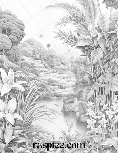 52 Tropical Oasis Grayscale Coloring Pages Printable for Adults, PDF File Instant Download