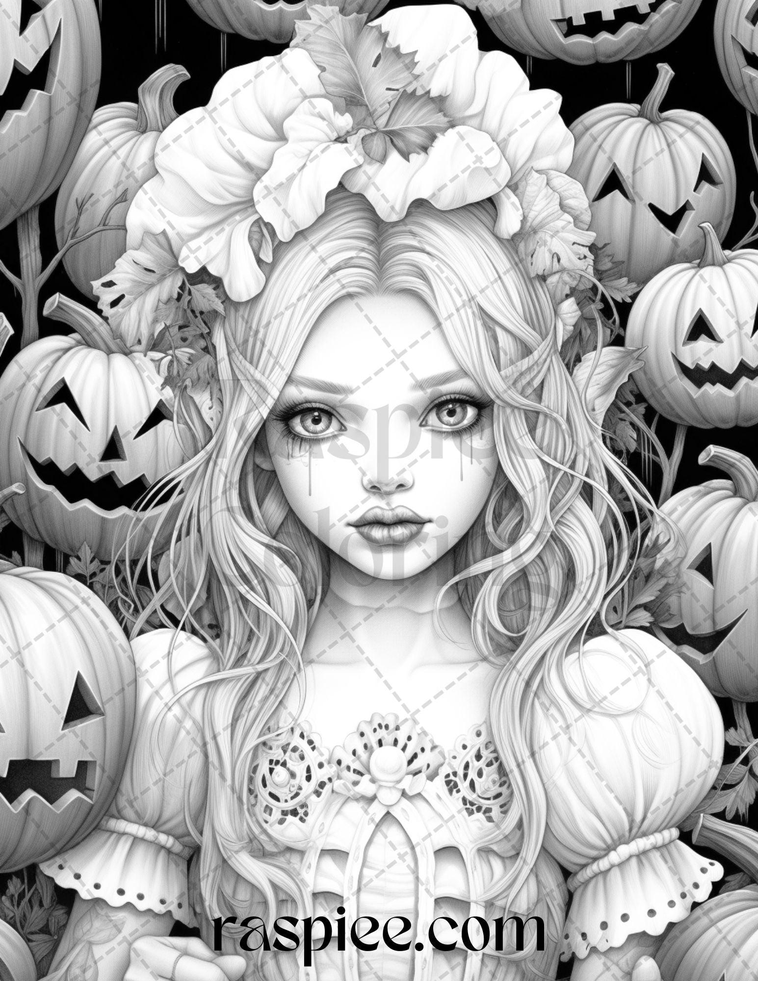 55 Halloween Girls Grayscale Coloring Pages Printable for Adults, PDF File Instant Download