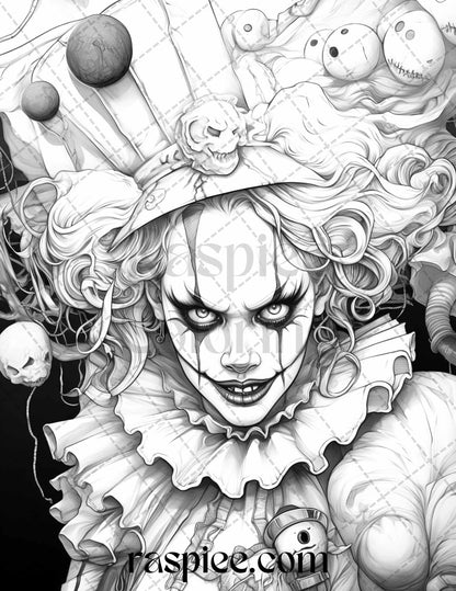50 Scary Clown Girls Grayscale Coloring Pages Printable for Adults, PDF File Instant Download