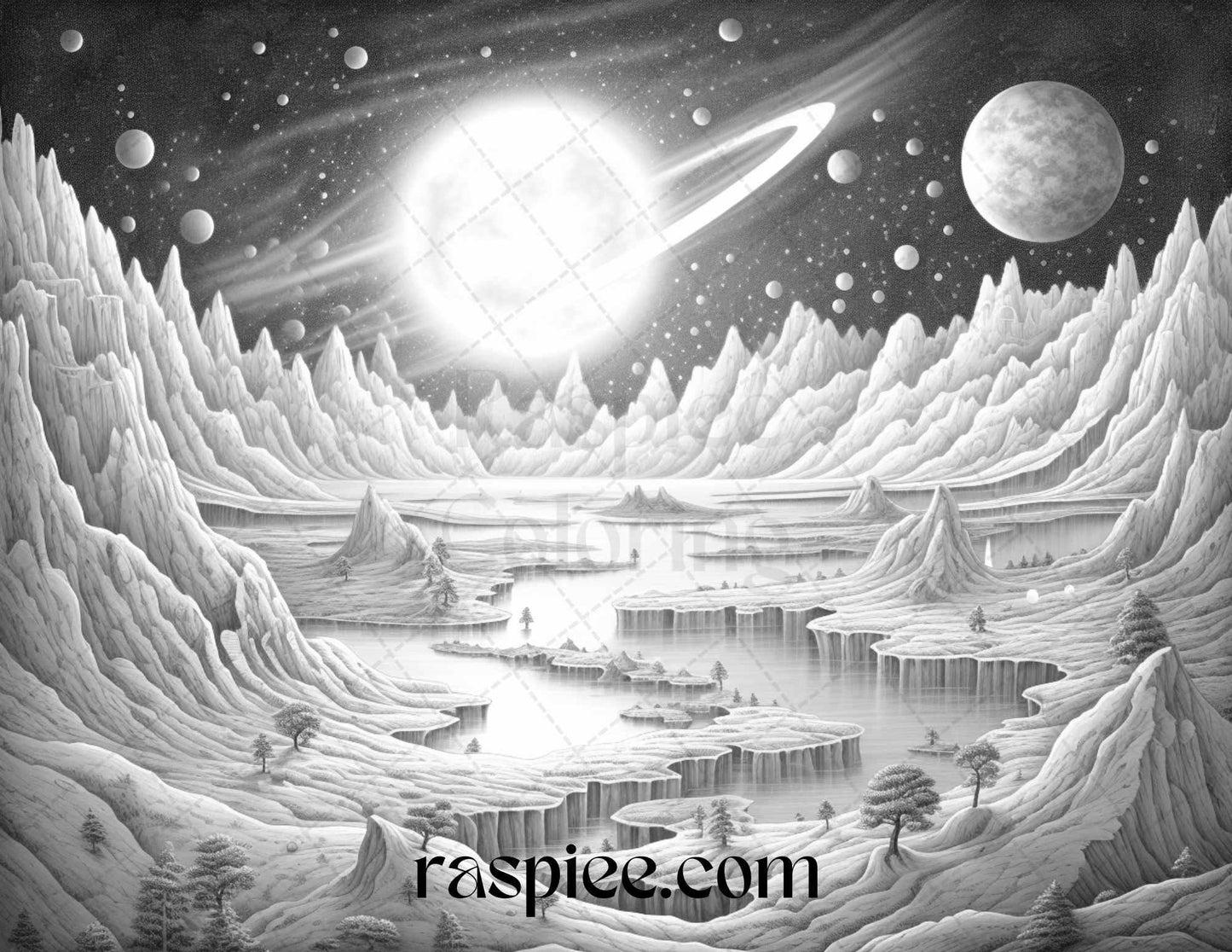 55 Celestial Landscapes Grayscale Coloring Pages Printable for Adults, PDF File Instant Download