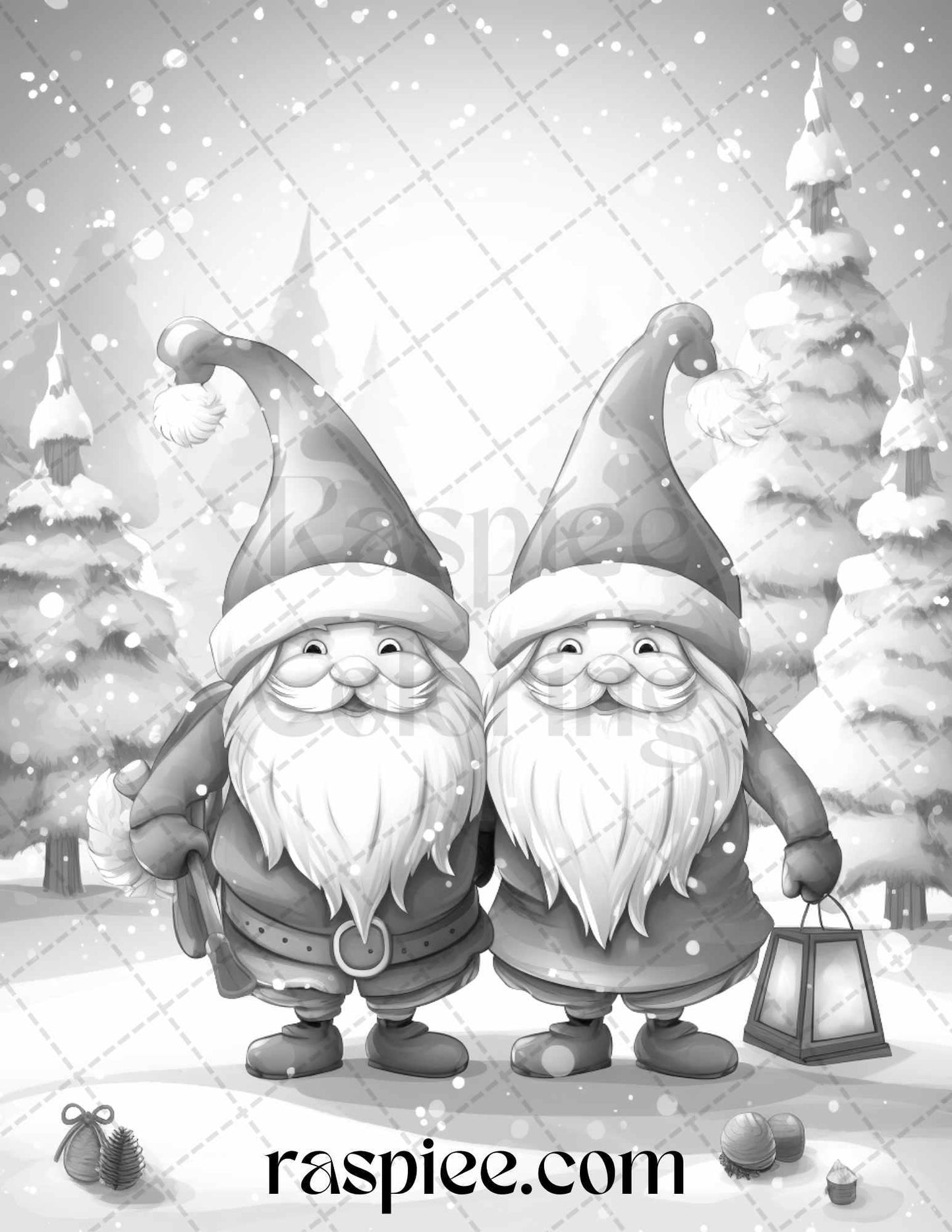 60 Christmas Gnomes Grayscale Coloring Pages Printable for Adults and Kids, PDF File Instant Download