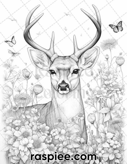 55 Enchanting Spring Animals Grayscale Adult Coloring Pages, Printable PDF Instant Download