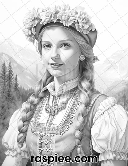 55 Traditional Swiss Girls Grayscale Adult Coloring Pages, Printable PDF Instant Download