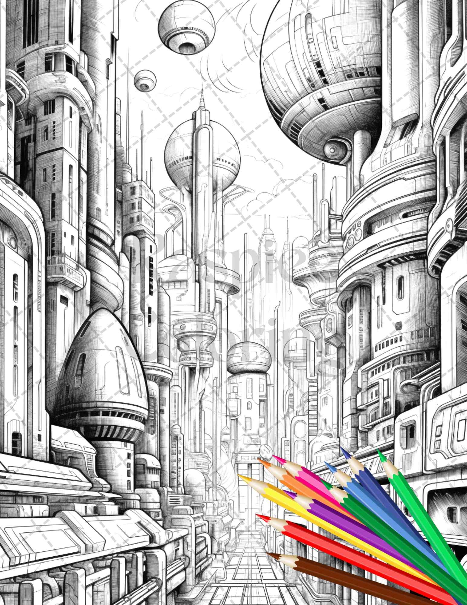 50 Futuristic Metropolis Grayscale Coloring Pages Printable for Adults, PDF File Instant Download