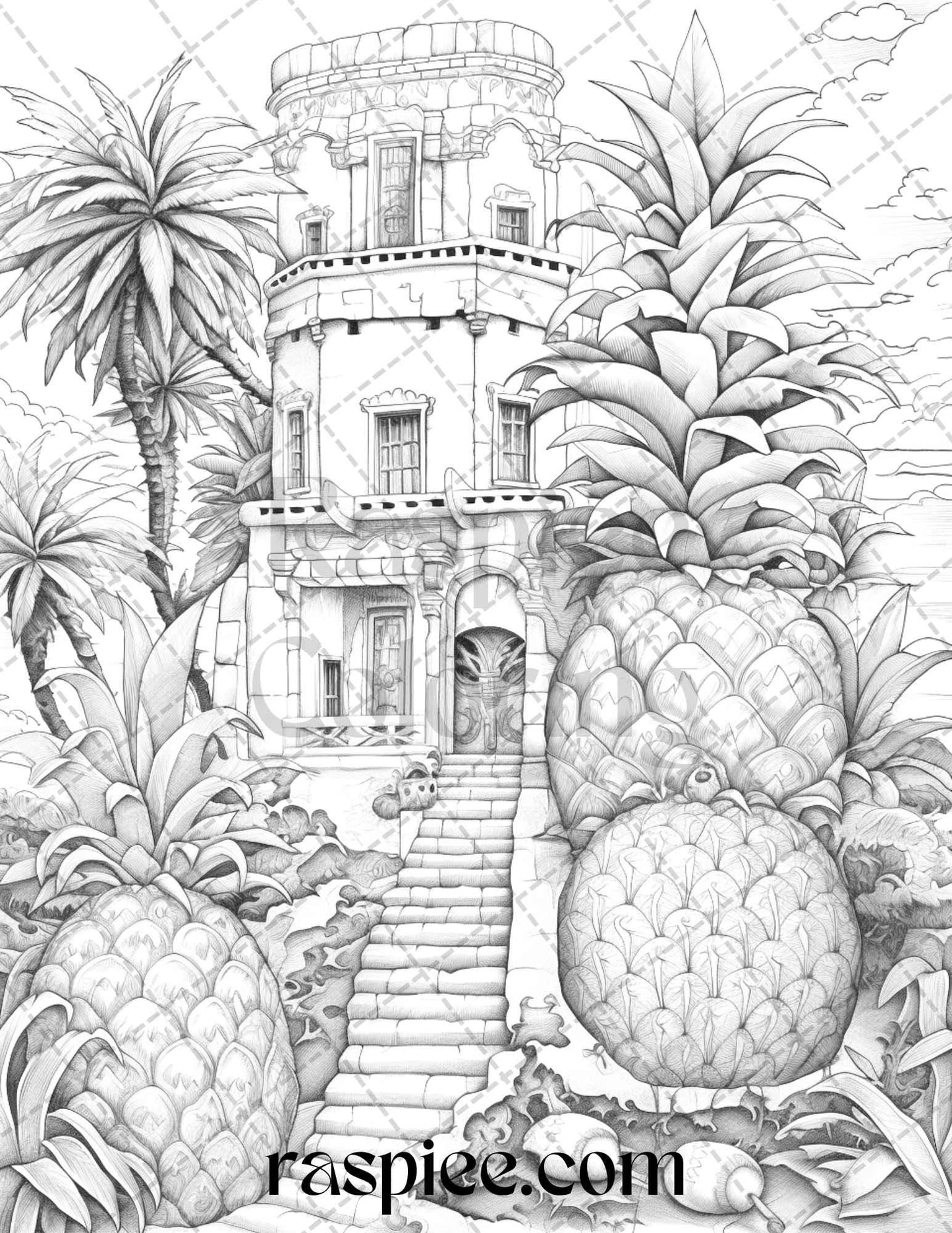 50 Pineapple Houses Grayscale Coloring Pages Printable for Adults, PDF File Instant Download