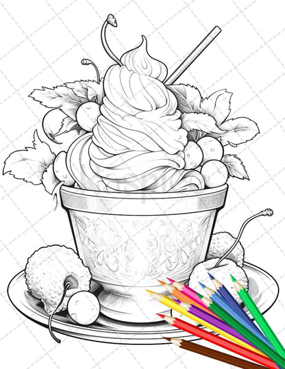 52 Printable Ice Cream Desserts Coloring Pages for Adults and Kids, Grayscale Coloring Page, PDF File Instant Download