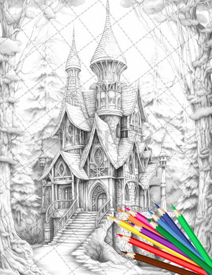 63 Winter Fairy Houses Grayscale Coloring Pages Printable for Adults, PDF File Instant Download