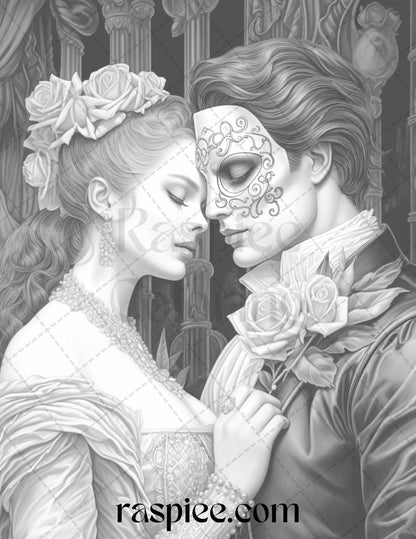 Phantom of the Opera Grayscale Coloring Pages Printable for Adults, PDF File Instant Download