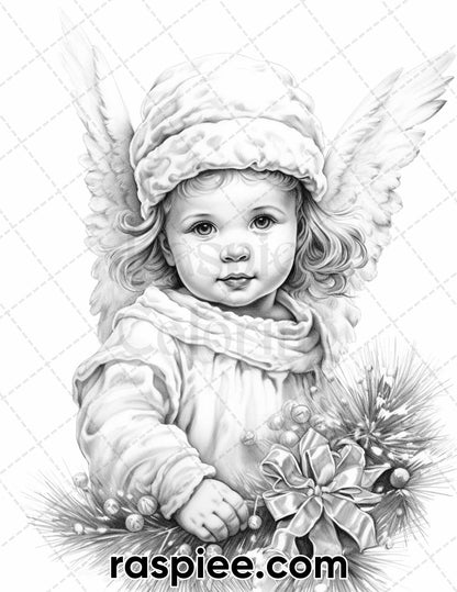 55 Christmas Angel Grayscale Coloring Pages for Adults, Printable PDF Instant Download