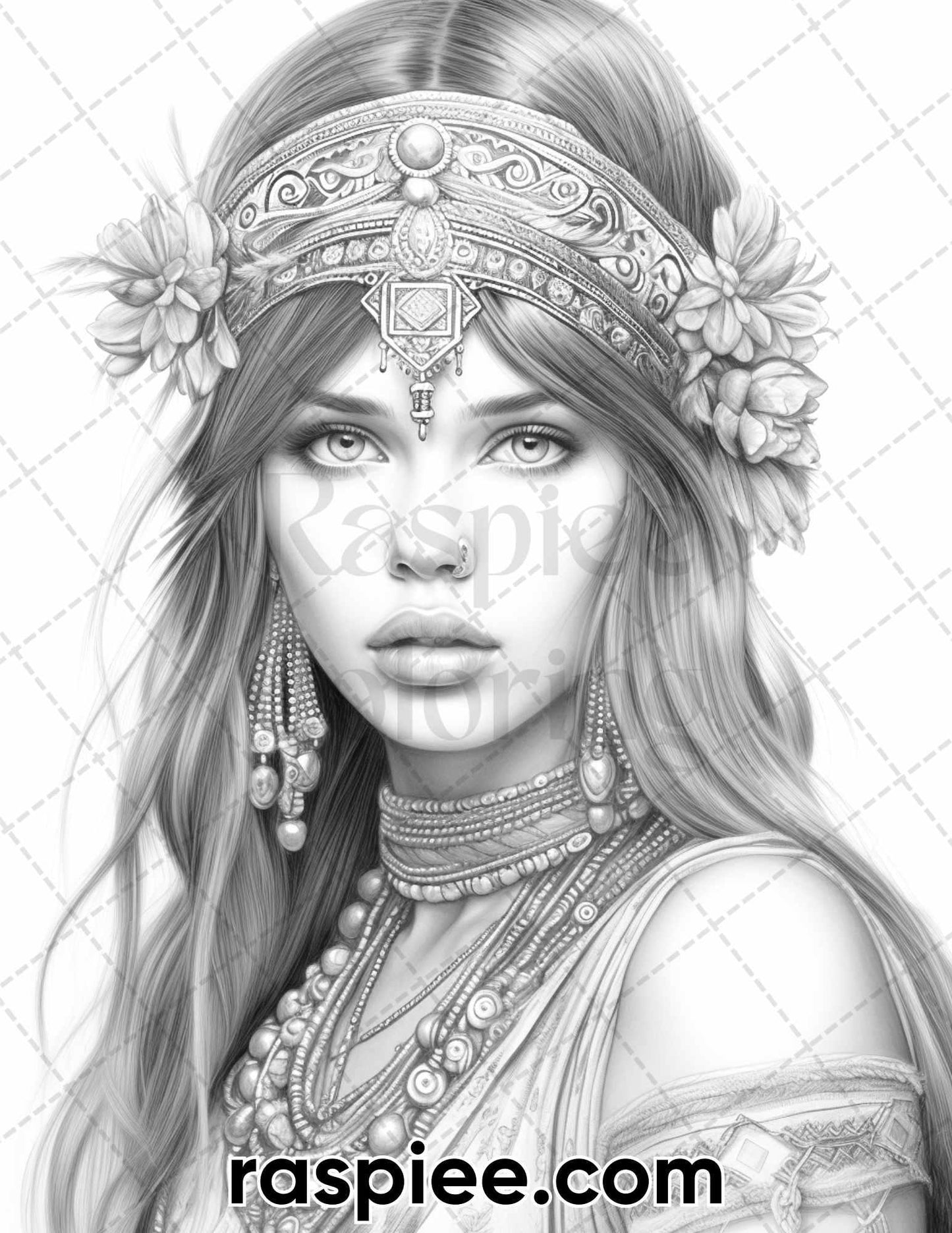 60 Bohemian Beauties Grayscale Coloring Pages for Adults, Printable PDF Instant Download
