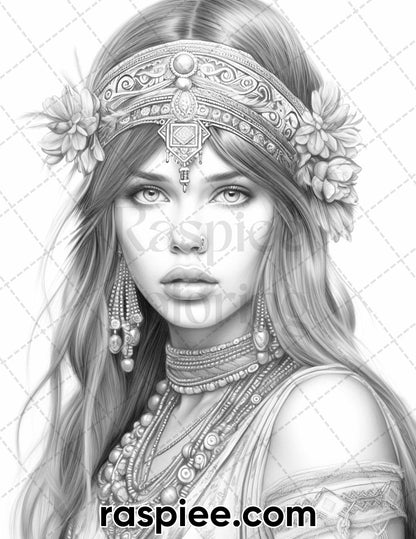 60 Bohemian Beauties Grayscale Coloring Pages for Adults, Printable PDF Instant Download