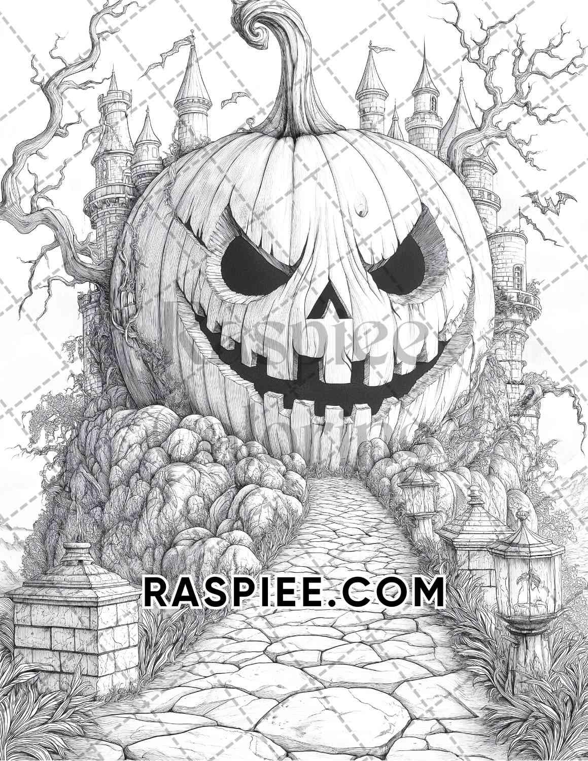 Fantasy Giant Pumpkin Castles Adult Coloring Pages Printable PDF Instant Download