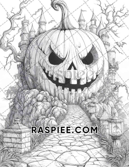 Fantasy Giant Pumpkin Castles Adult Coloring Pages Printable PDF Instant Download