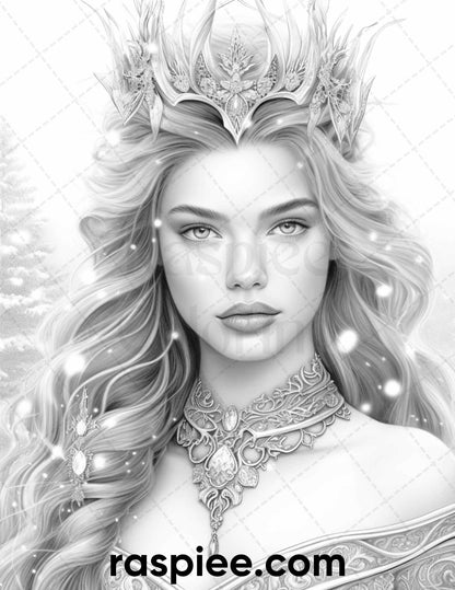 50 Winter Queens Portrait Grayscale Coloring Pages Printable for Adults, PDF File Instant Download