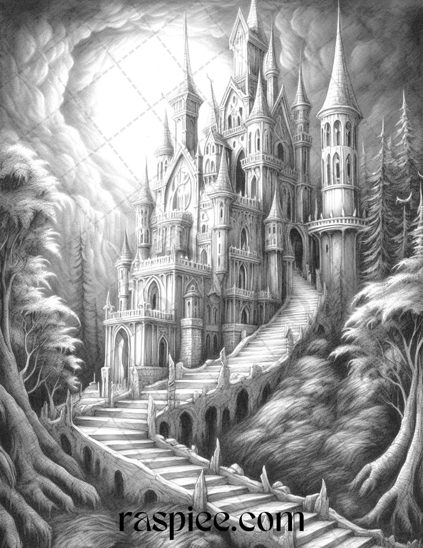 50 Haunted Castles Grayscale Coloring Pages Printable, Halloween Coloring Book, PDF File Instant Download