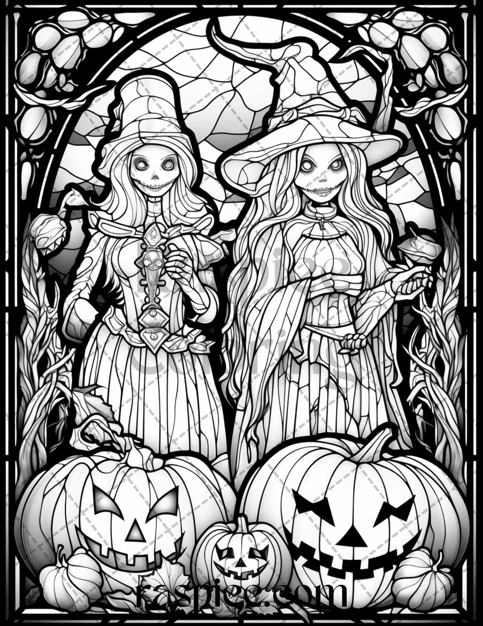 70 Halloween Stained Glass Grayscale Coloring Pages Printable for Adults, PDF File Instant Download
