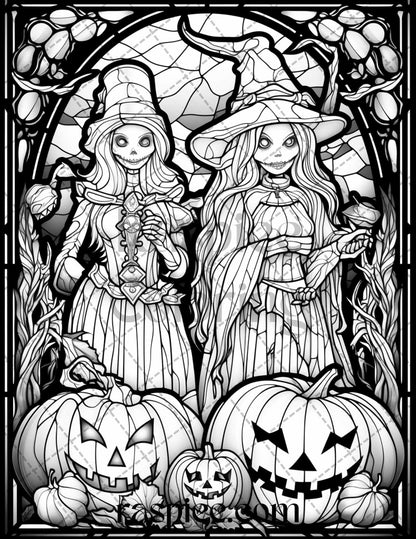 70 Halloween Stained Glass Grayscale Coloring Pages Printable for Adults, PDF File Instant Download