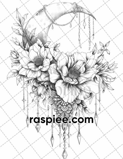 60 Boho Moon Floral Grayscale Adult Coloring Pages Printable PDF Instant Download