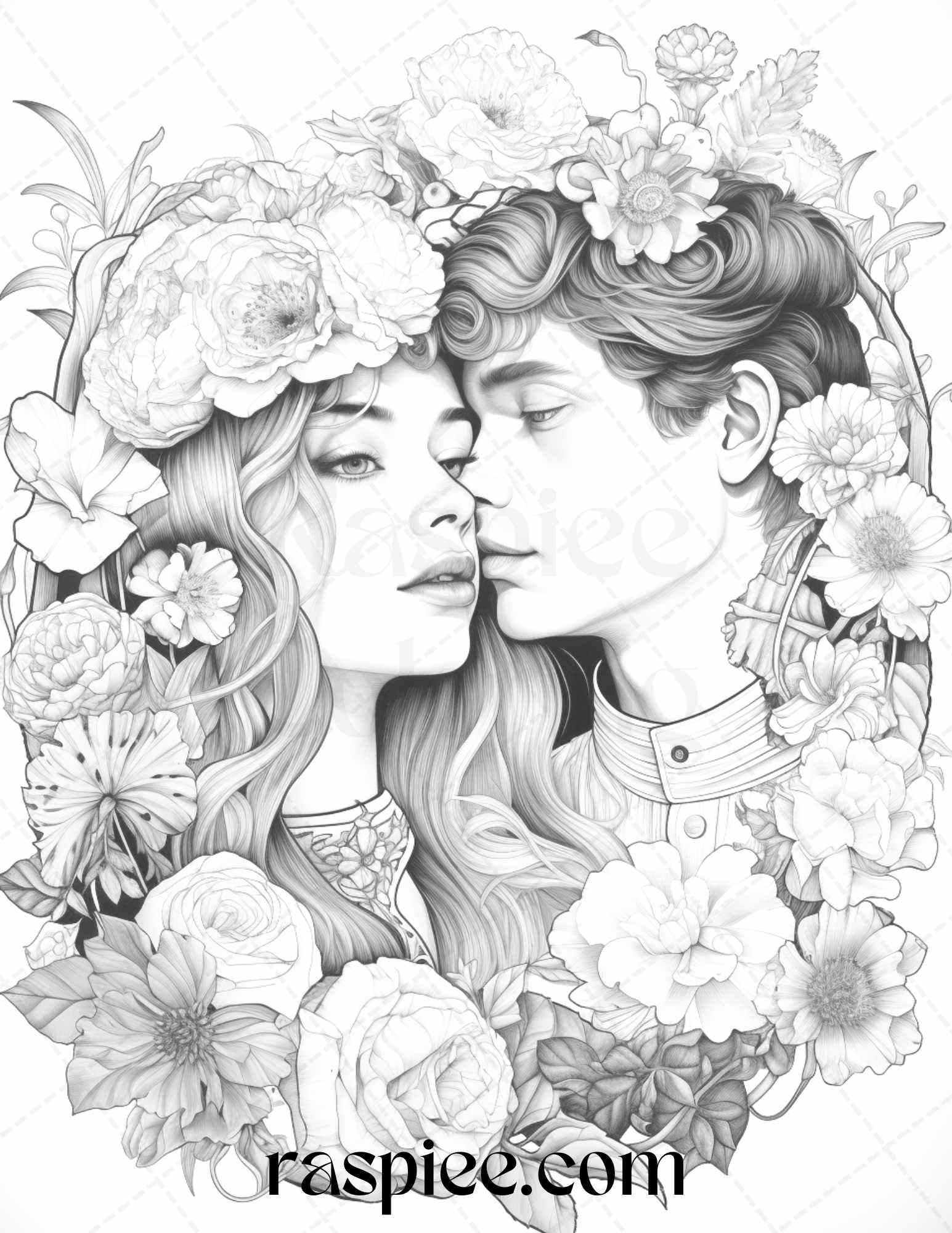 50 Romantic Couple Flowers Grayscale Coloring Pages Printable for Adults, PDF File Instant Download