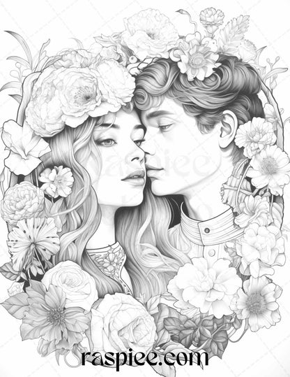 50 Romantic Couple Flowers Grayscale Coloring Pages Printable for Adults, PDF File Instant Download