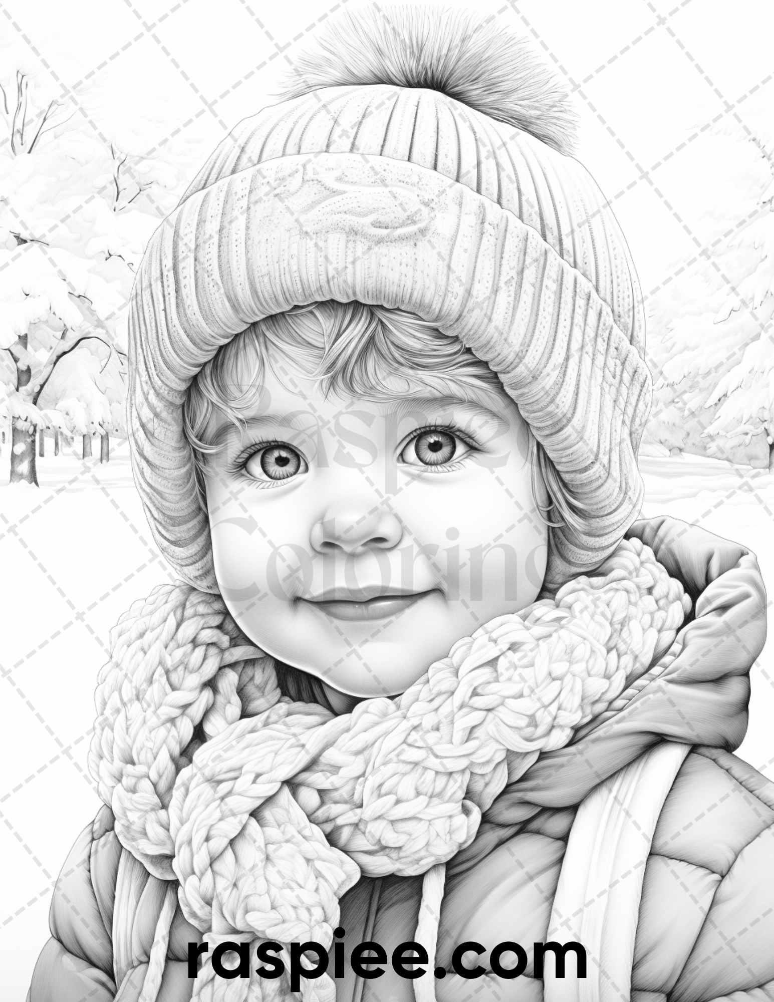 50 Baby Winter Portrait Grayscale Coloring Pages Printable for Adults, PDF File Instant Download