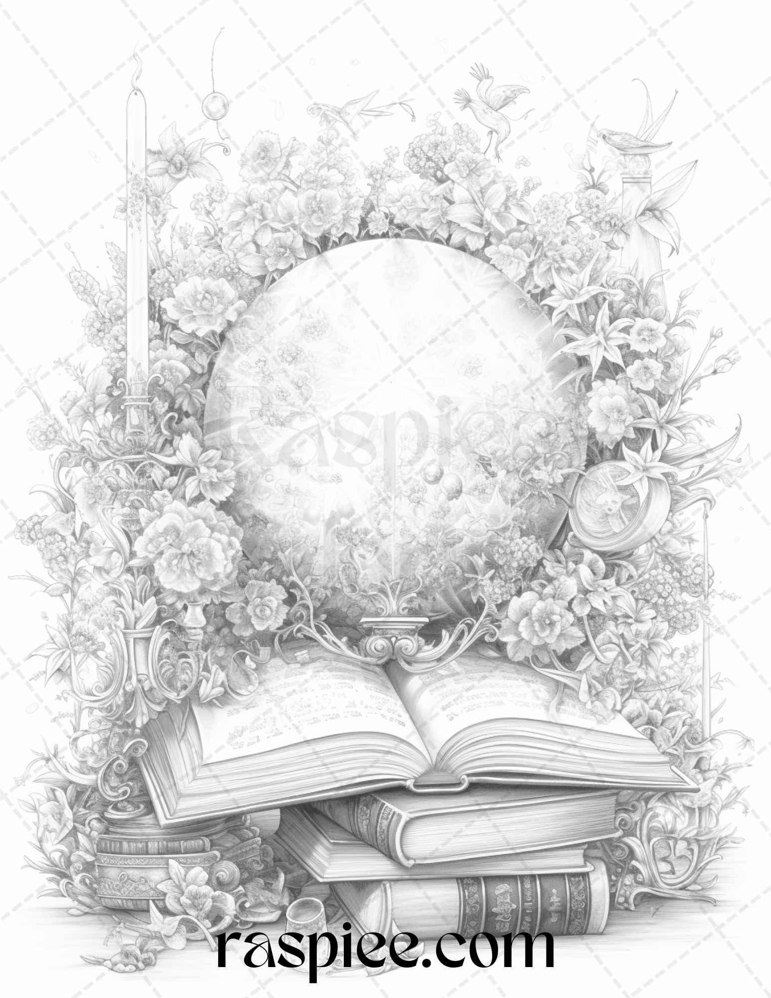 50 Magical Books Grayscale Coloring Pages Printable for Adults, PDF File Instant Download