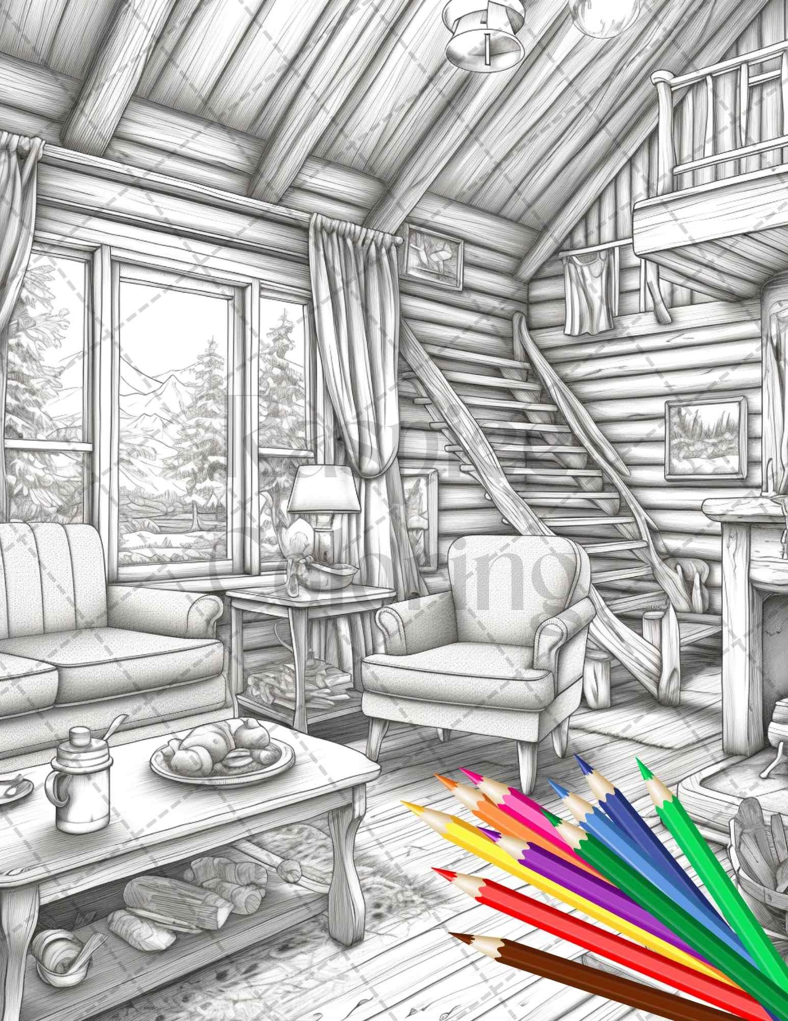 Cozy Cabin Interior Grayscale Coloring Pages Printable for Adults, PDF File Instant Download