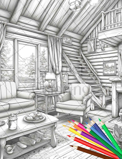 Cozy Cabin Interior Grayscale Coloring Pages Printable for Adults, PDF File Instant Download