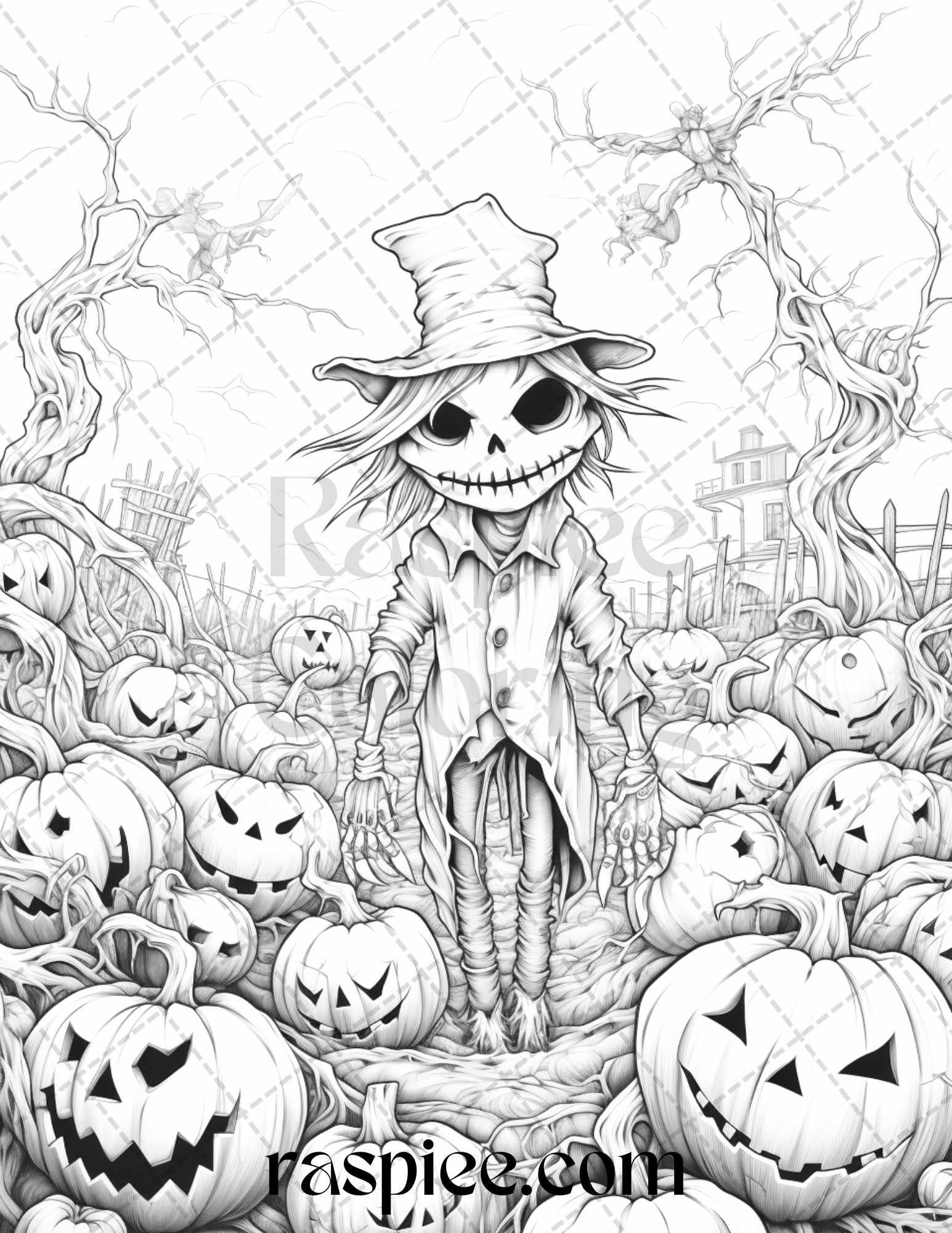50 Halloween Scarecrows Grayscale Coloring Pages Printable for Adults, PDF File Instant Download