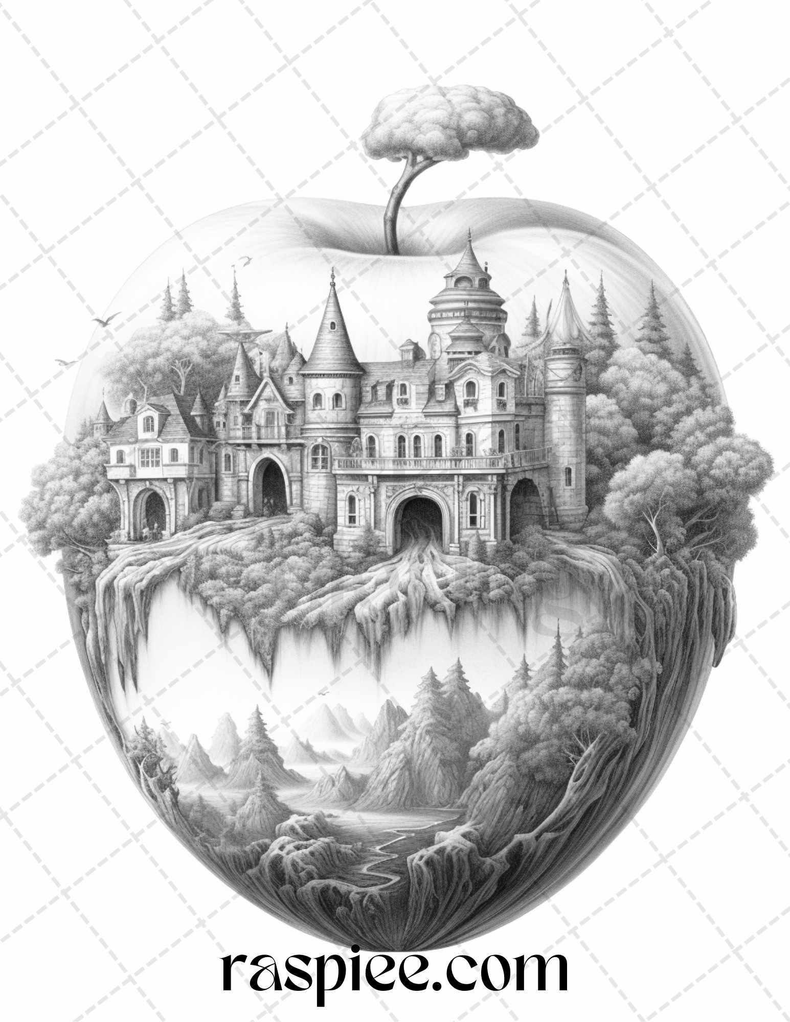 60 Miniworld in the Apple Grayscale Coloring Pages Printable for Adults, PDF File Instant Download