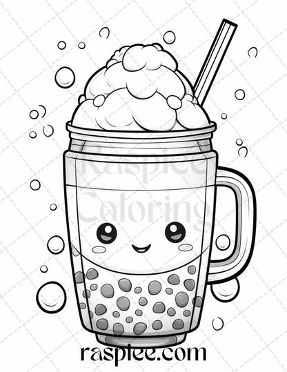 50 Cute Kawaii Boba Tea Grayscale Coloring Pages for Adults and Kids, Printable PDF File Instant Download