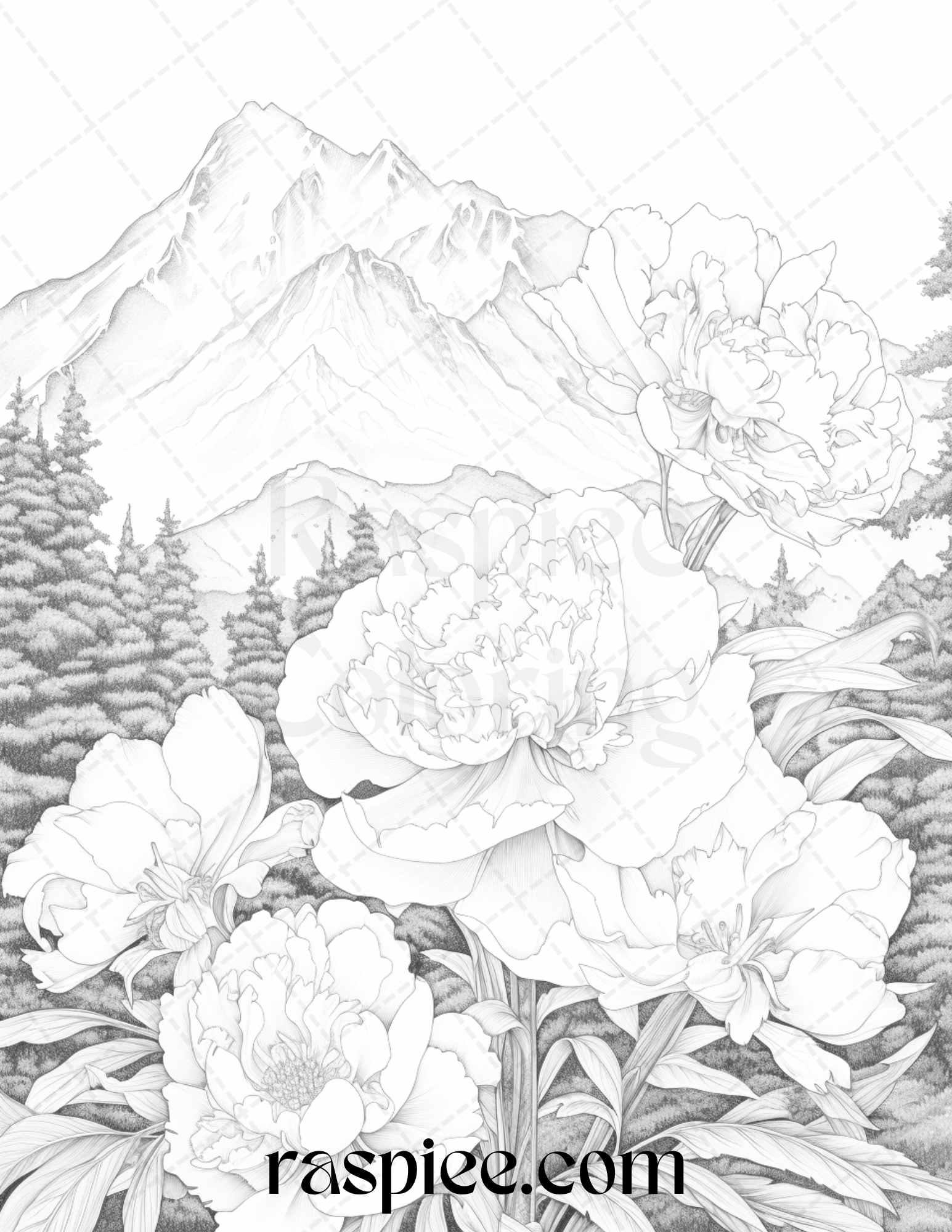 60 Mountain Flower Landscapes Grayscale Coloring Pages Printable for Adults, PDF File Instant Download