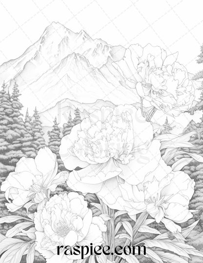 60 Mountain Flower Landscapes Grayscale Coloring Pages Printable for Adults, PDF File Instant Download