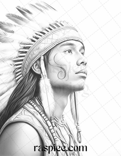 Native American Portrait Grayscale Coloring Pages Printable for Adults, PDF File Instant Download