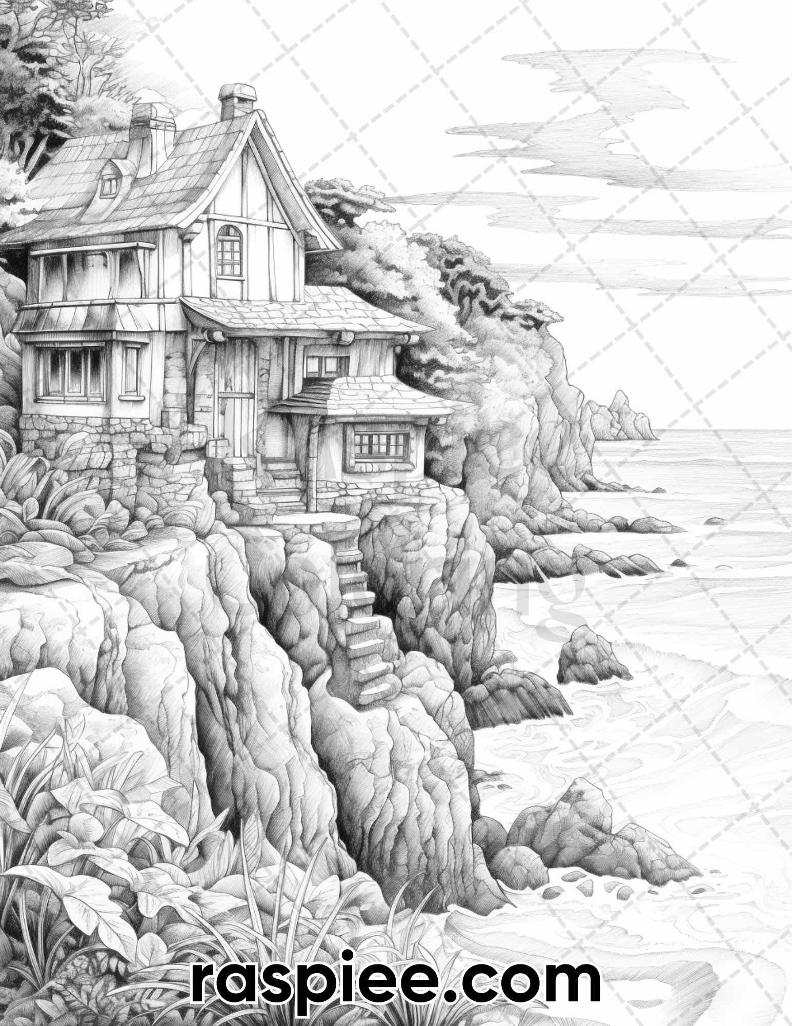 50 Fairy Beach Houses Grayscale Coloring Pages for Adults, Printable PDF Instant Download