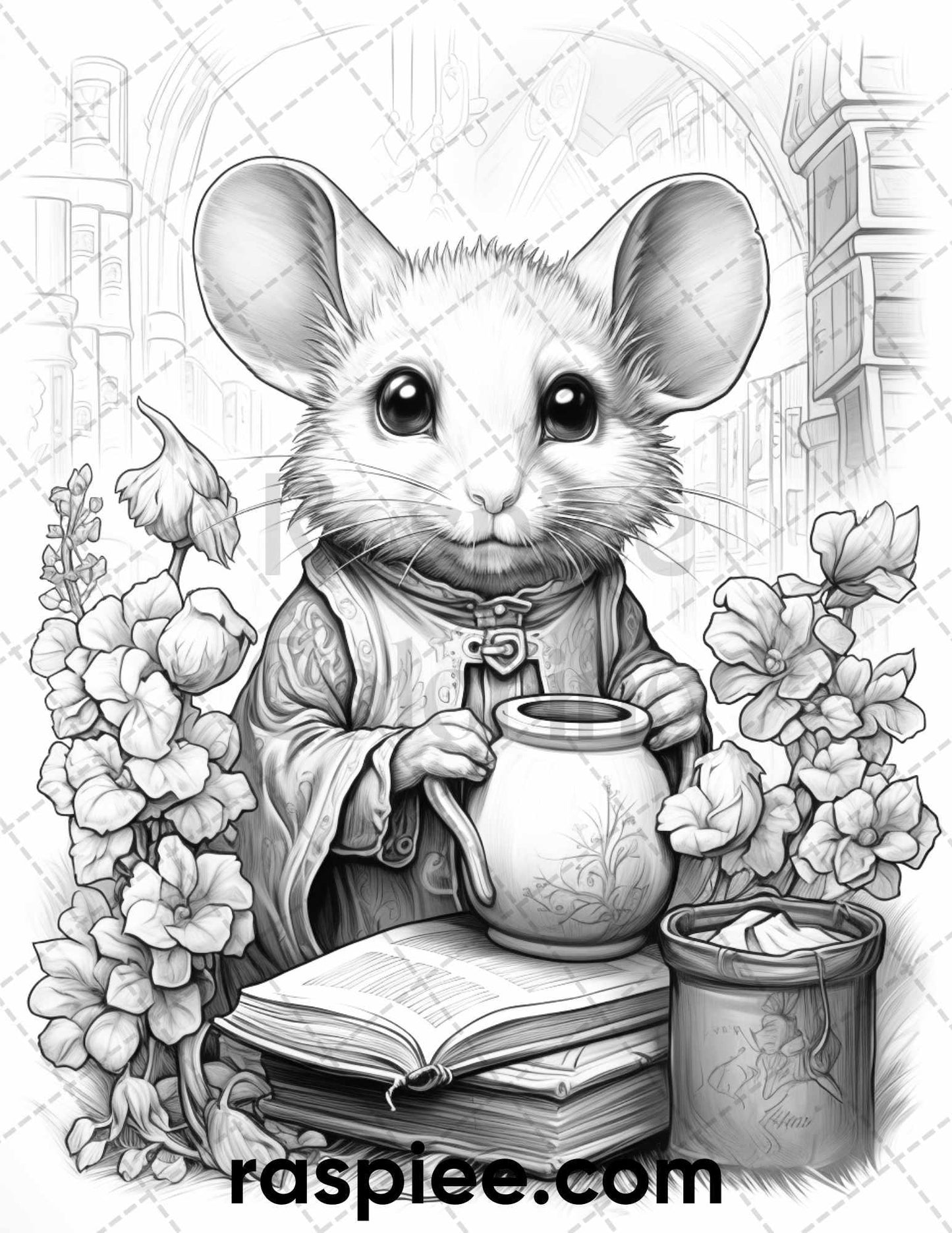 50 Enchanting Fairytale Mice Grayscale Coloring Pages Printable for Adults, PDF File Instant Download