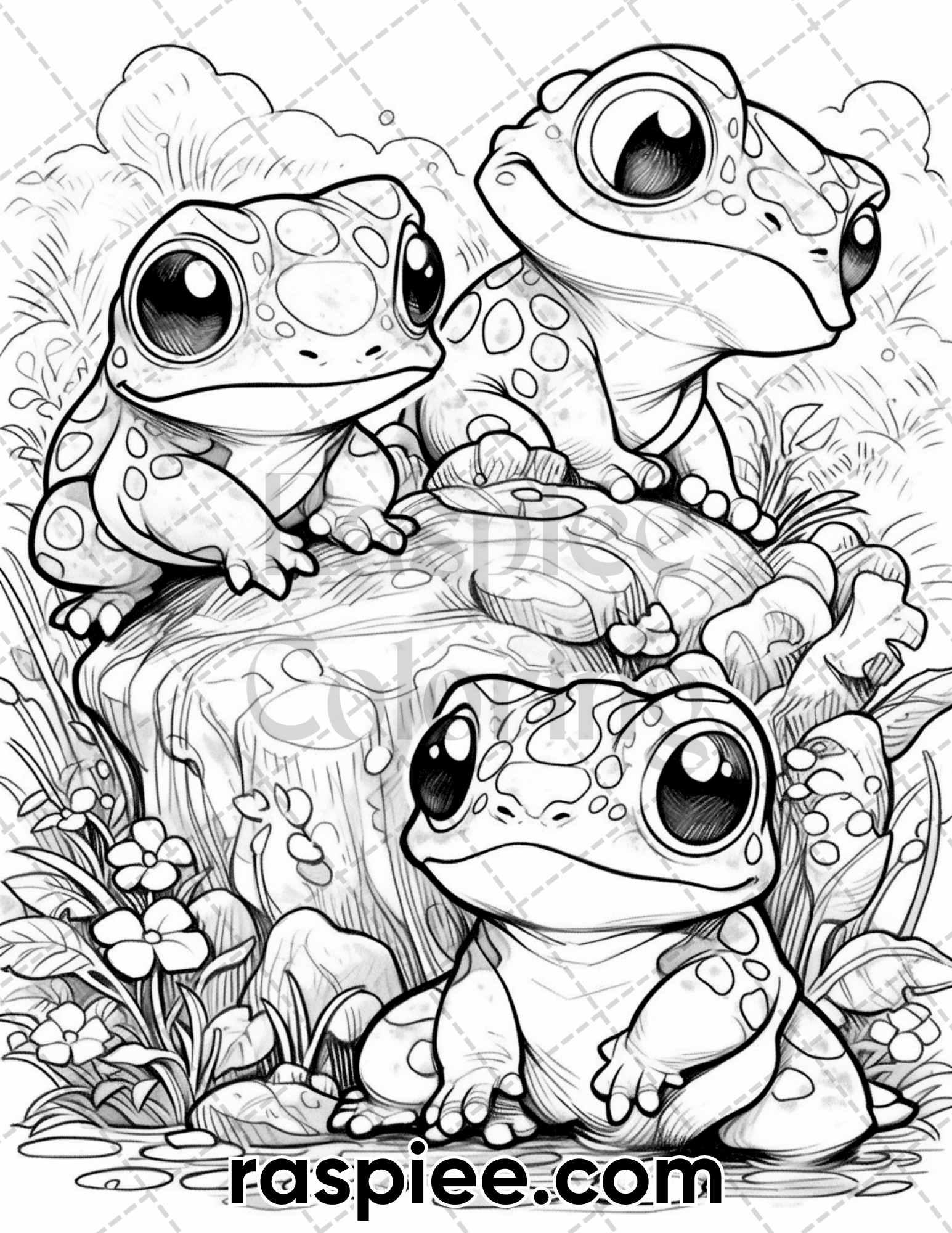 50 The Frog Kingdom Grayscale Coloring Pages for Adults, Printable PDF Instant Download
