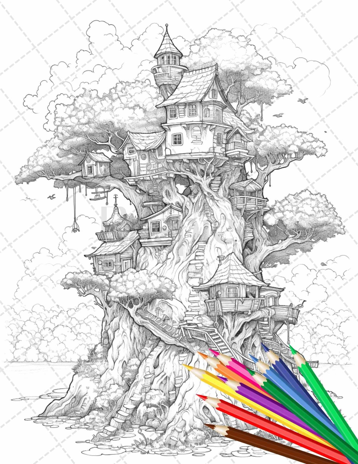 110 Enchanted Treehouse Coloring Book Printable for Adults, Grayscale Coloring Page, PDF File Instant Download