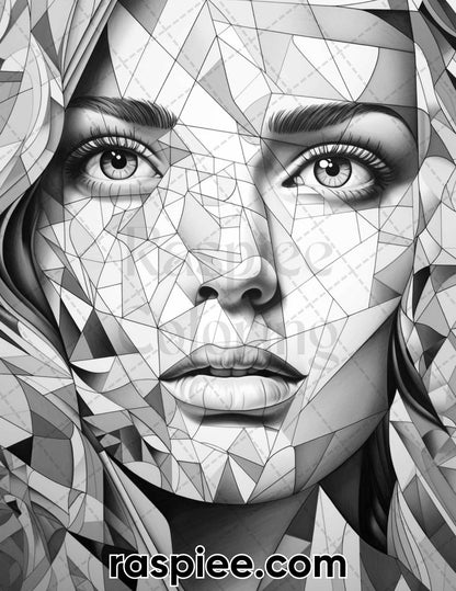 60 Abstract Faces Grayscale Adult Coloring Pages, Printable PDF Instant Download