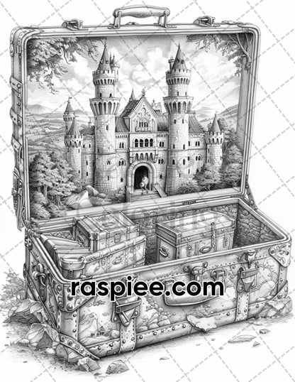 67 Worlds in a Suitcase Grayscale Adult Coloring Pages, Printable PDF Instant Download