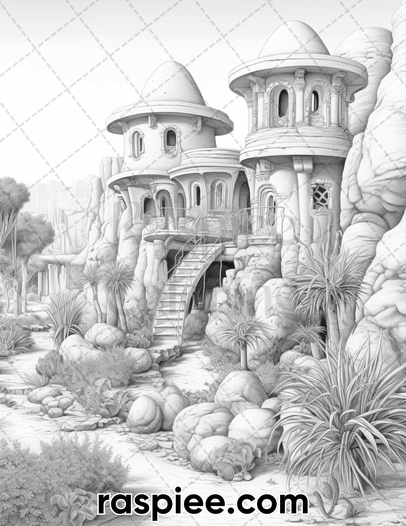 55 Desert Oasis Fairy Homes Grayscale Coloring Pages for Adults, Printable PDF Instant Download
