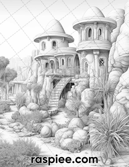 55 Desert Oasis Fairy Homes Grayscale Coloring Pages for Adults, Printable PDF Instant Download