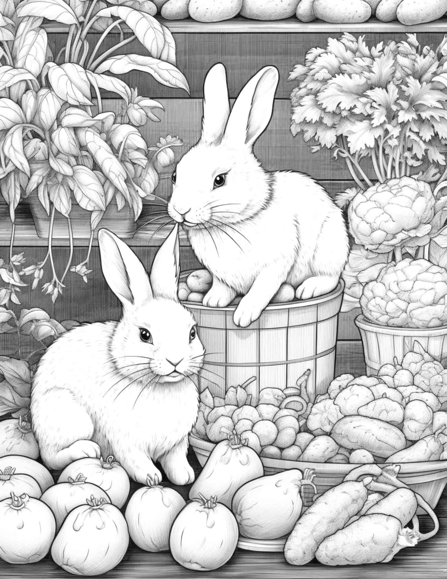 50 Rabbit Garden Grayscale Coloring Pages Printable for Adults, PDF File Instant Download