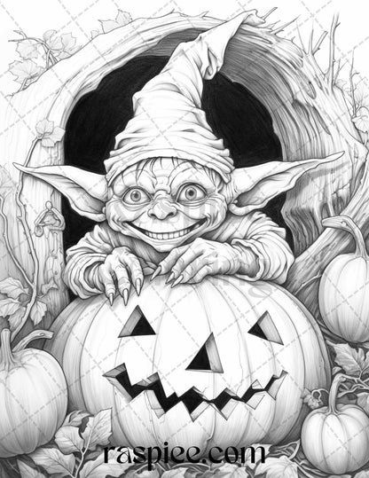 50 Halloween Goblin Grayscale Coloring Pages Printable for Adults, PDF File Instant Download
