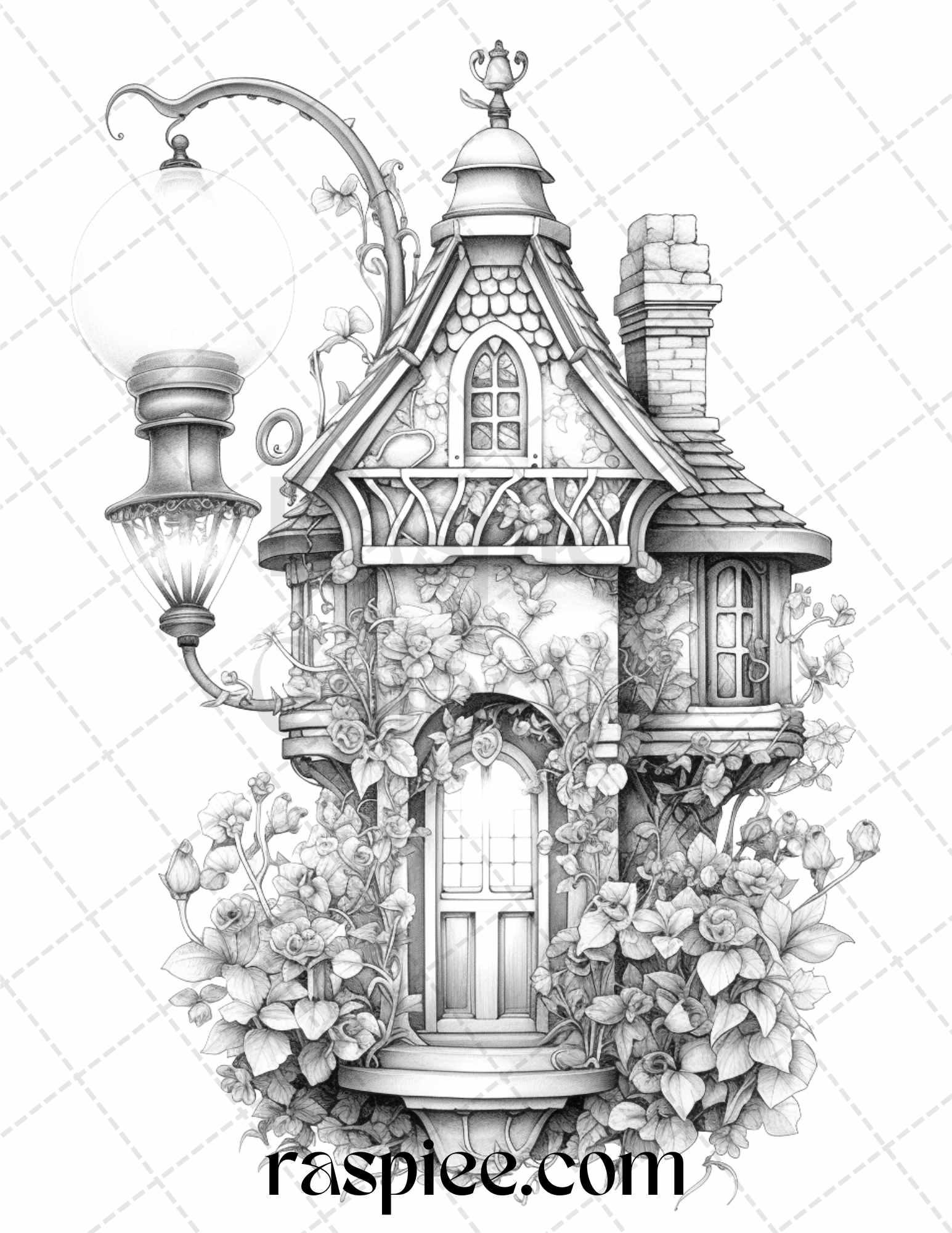 50 Lantern Fairy Houses Grayscale Coloring Pages Printable for Adults, PDF File Instant Download