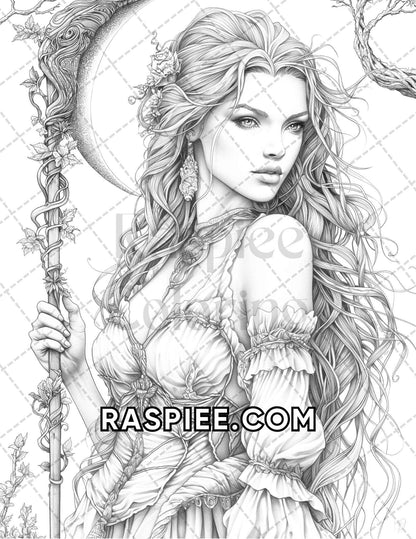 60 Fantasy Beauties Grayscale Adult Coloring Pages Printable PDF Instant Download